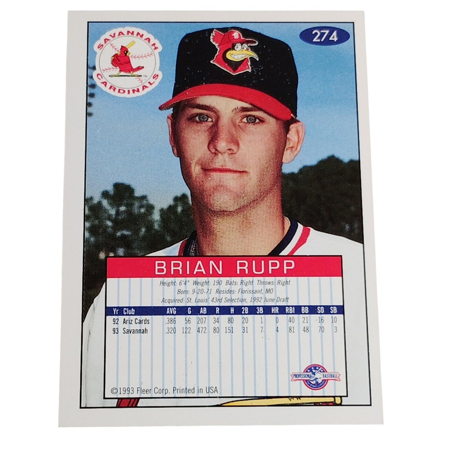 Brian Rupp, Savannah Cardinals, #274, 93-94 Fleer Excel Minor Leagues