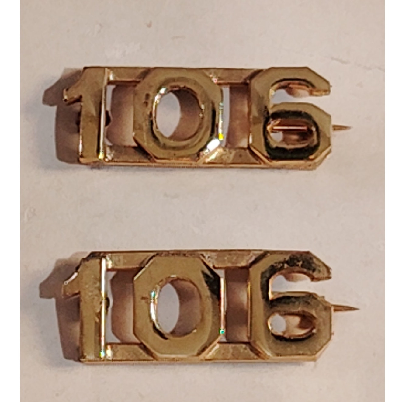 Early/Mid 1900s Brass C-Clasp "106" Collar Devices 3/8"H Hat / Lapel Pins Set