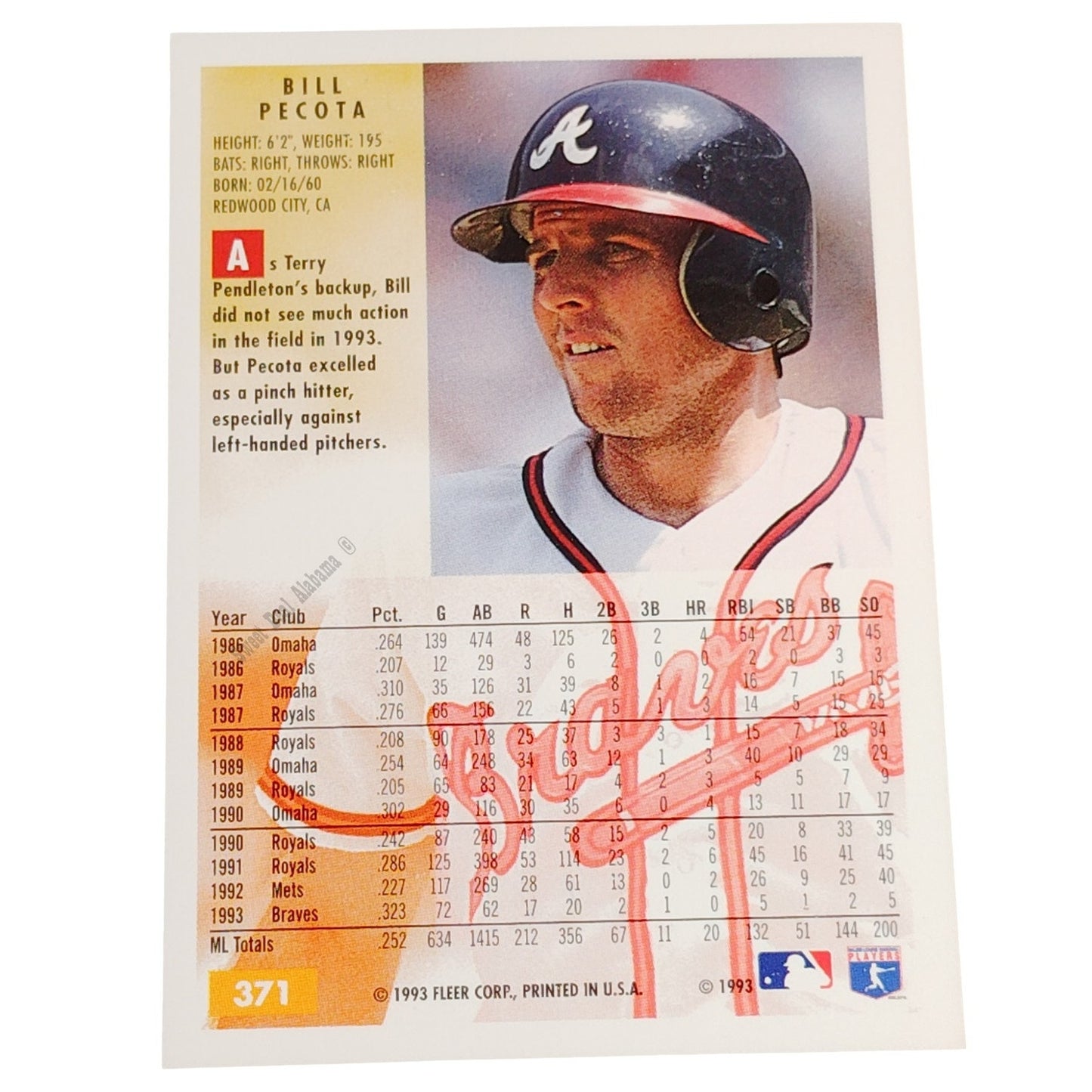 Bill Pecota, Atlanta Braves, #371, 1994 Fleer Baseball Collector's Card