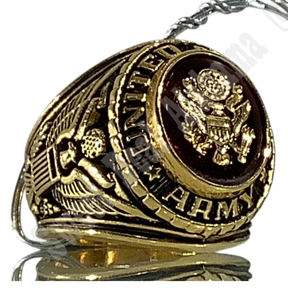 United States Army Ring, Size 6-1/2, Gold Tone, Center Red Stone w/ Army Crest