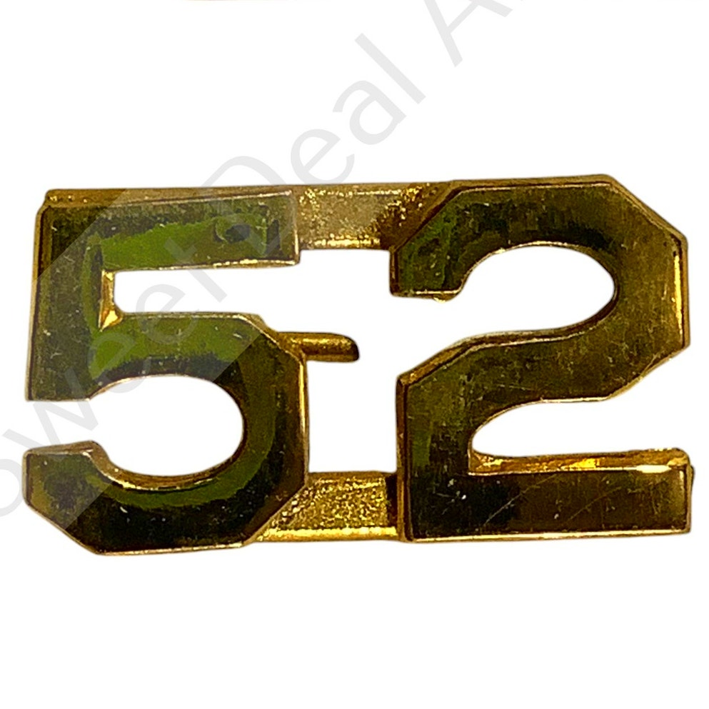c.1910s Numeric "52", Brass Military C-Clasp Hat / Lapel / Collar Pins Set 3/8"H