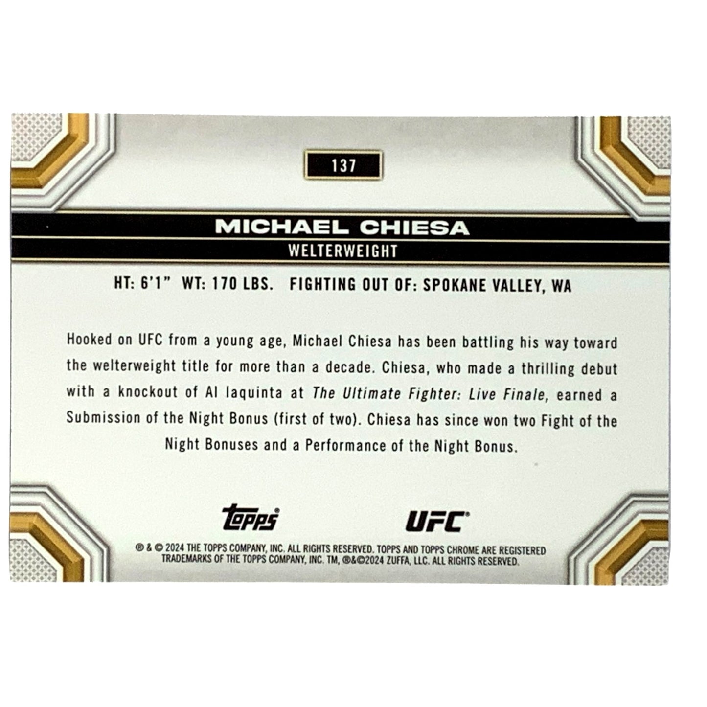 Michael Chiesa, UFC Welterweight, Card 137, 2024 Topps Chrome UFC, NM+