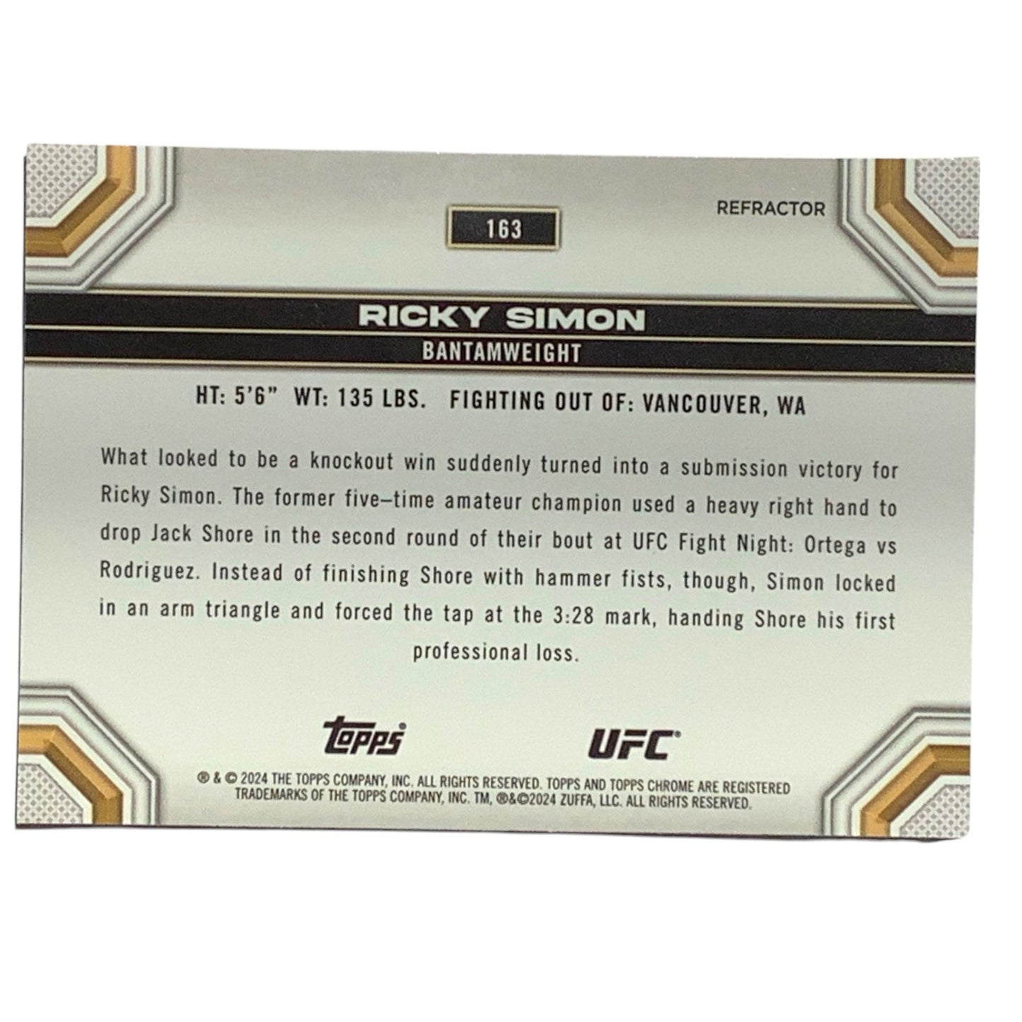 Ricky Simon, UFC Bantemweight, Refractor Card 163, 2024 Topps Chrome UFC, NM+