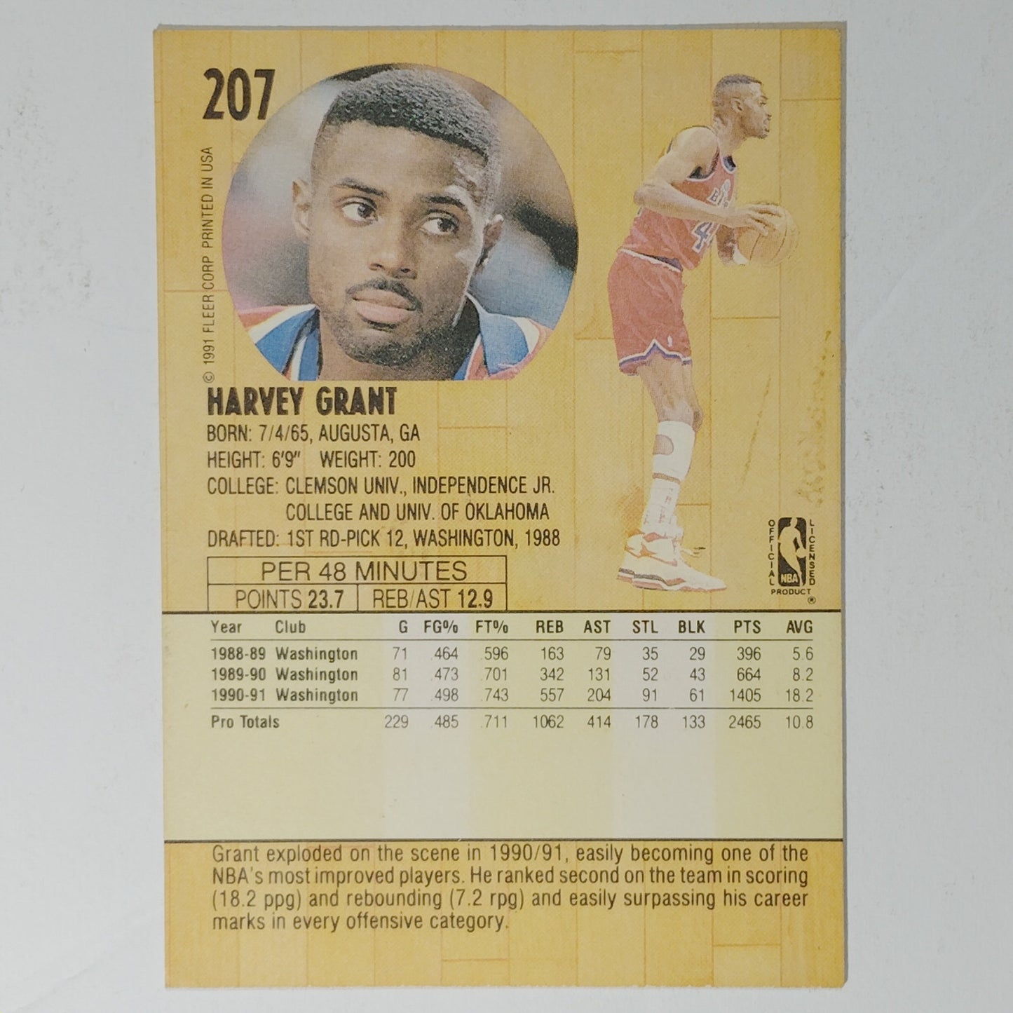 1991 Fleer Harvey Grant #207 – Washington Bullets – NBA Card