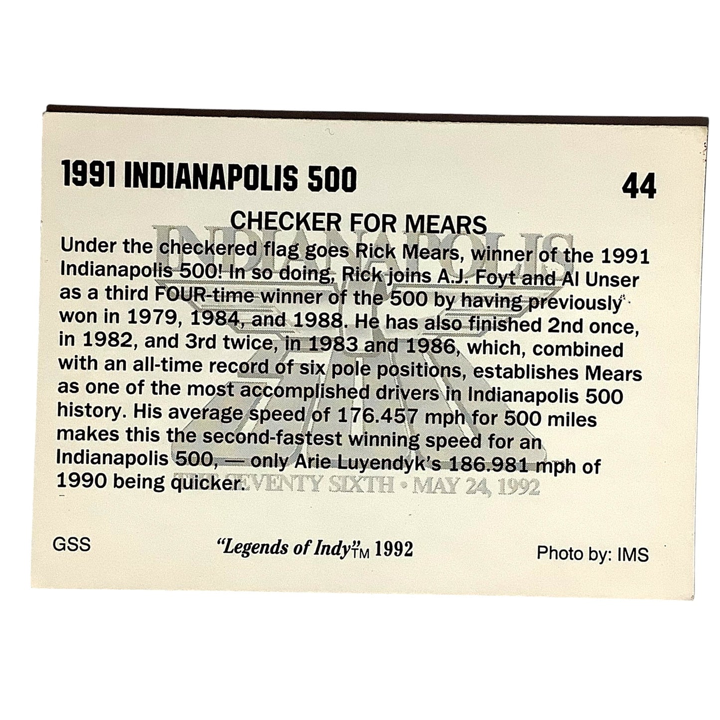 Checker for Mears in the Indy 500, 1991 Action, 1992 Legends of Indy, Card No.44