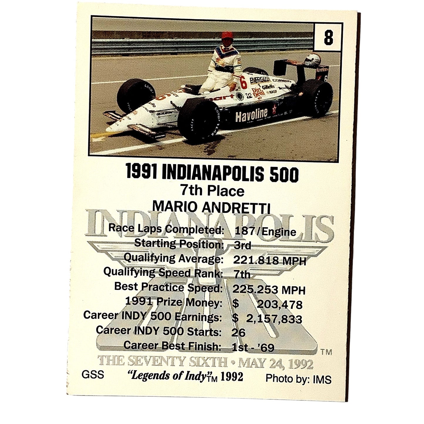 Mario Andretti 7th Place Indy 500, 1991 Action, 1992 Legends of Indy, Card #8