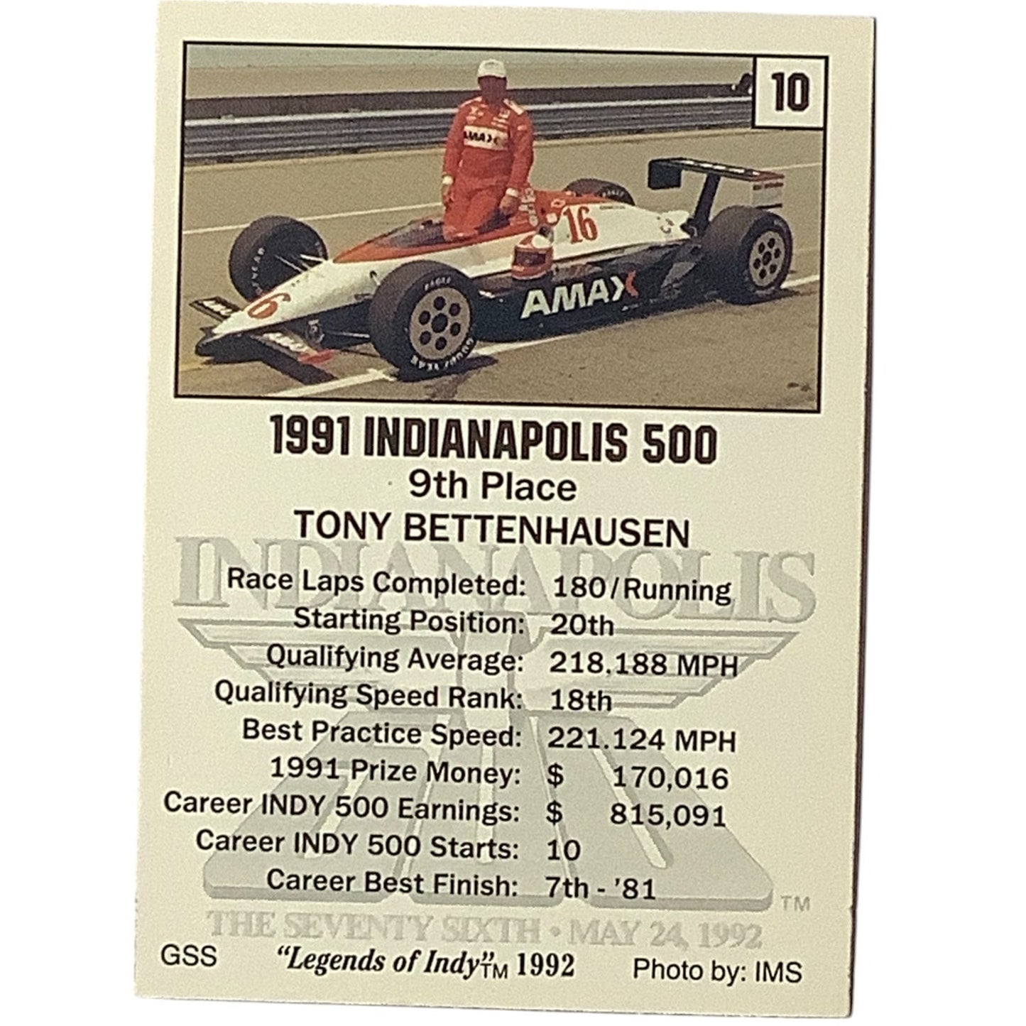 Tony Bettenhausen 9th Place Finish 1991 Action, 1992 Legends of Indy Card 10 NM+