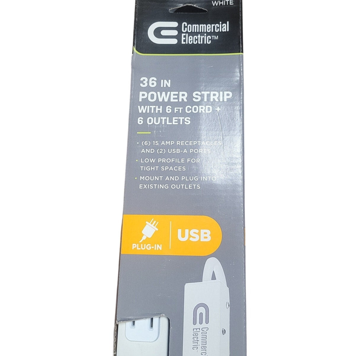 Commercial Electric 6-Outlet 2 USB 36" Power Strip, White, Model # LTS-6Z1320-2U