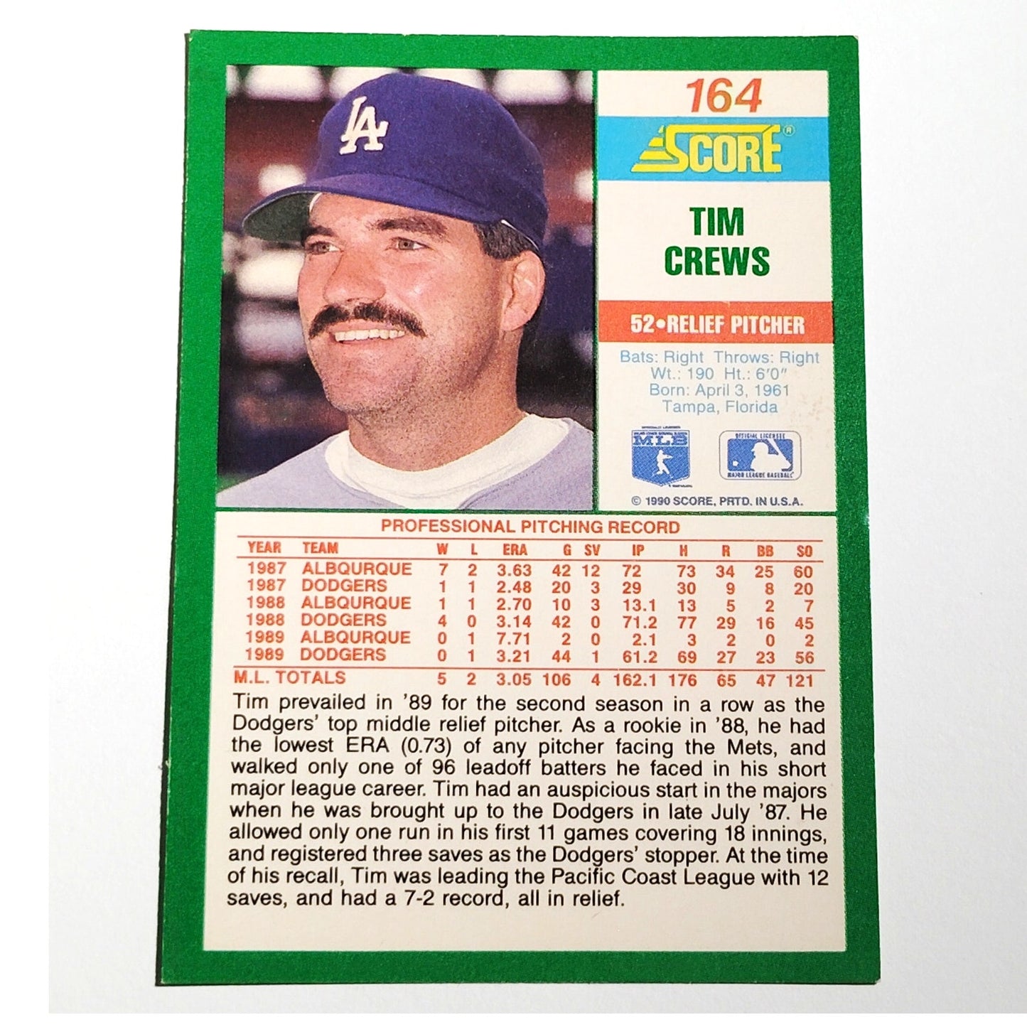 1990 Score Tim Crews #164 Los Angeles Dodgers Pitcher MLB Baseball EX