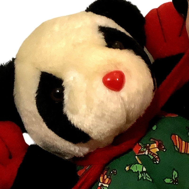 Vintage Christmas Panda 9.5"H w/ Tassled Scarf and Stocking Pajamas Circa 1990's