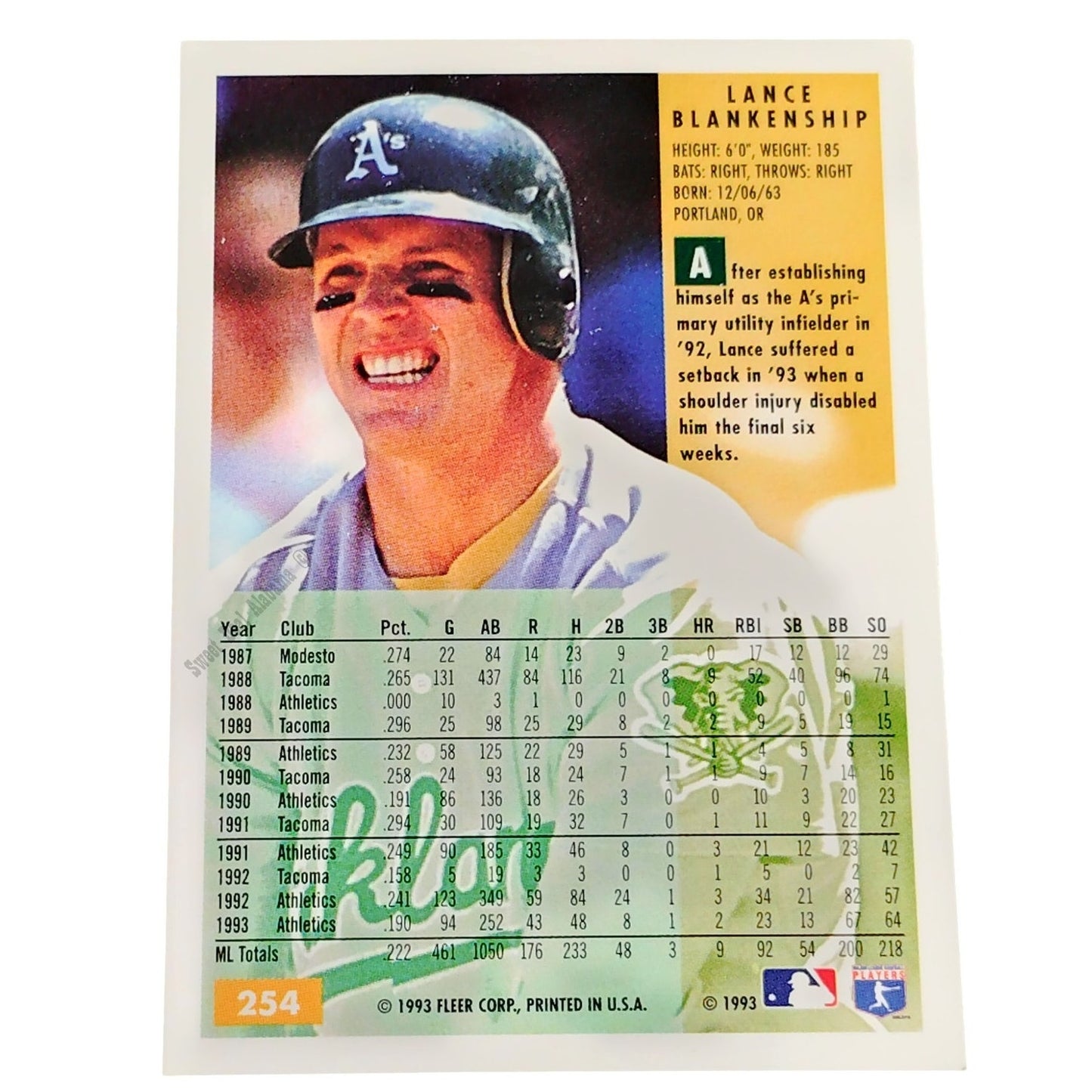 Lance Blankenship, Oakland Athletics (A's), #254, 1994 Fleer Baseball Card