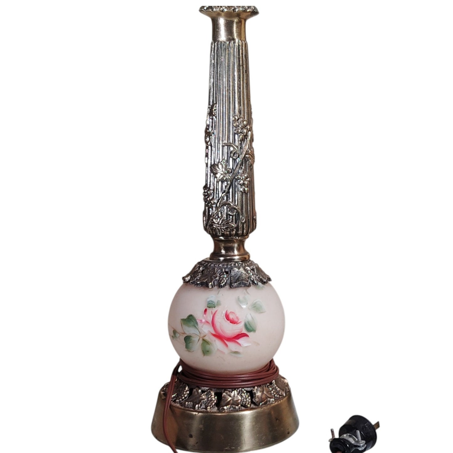 Pair of Vintage Floral Table Lamps – Brass Base, Pink Rose Globe, Ornate Design