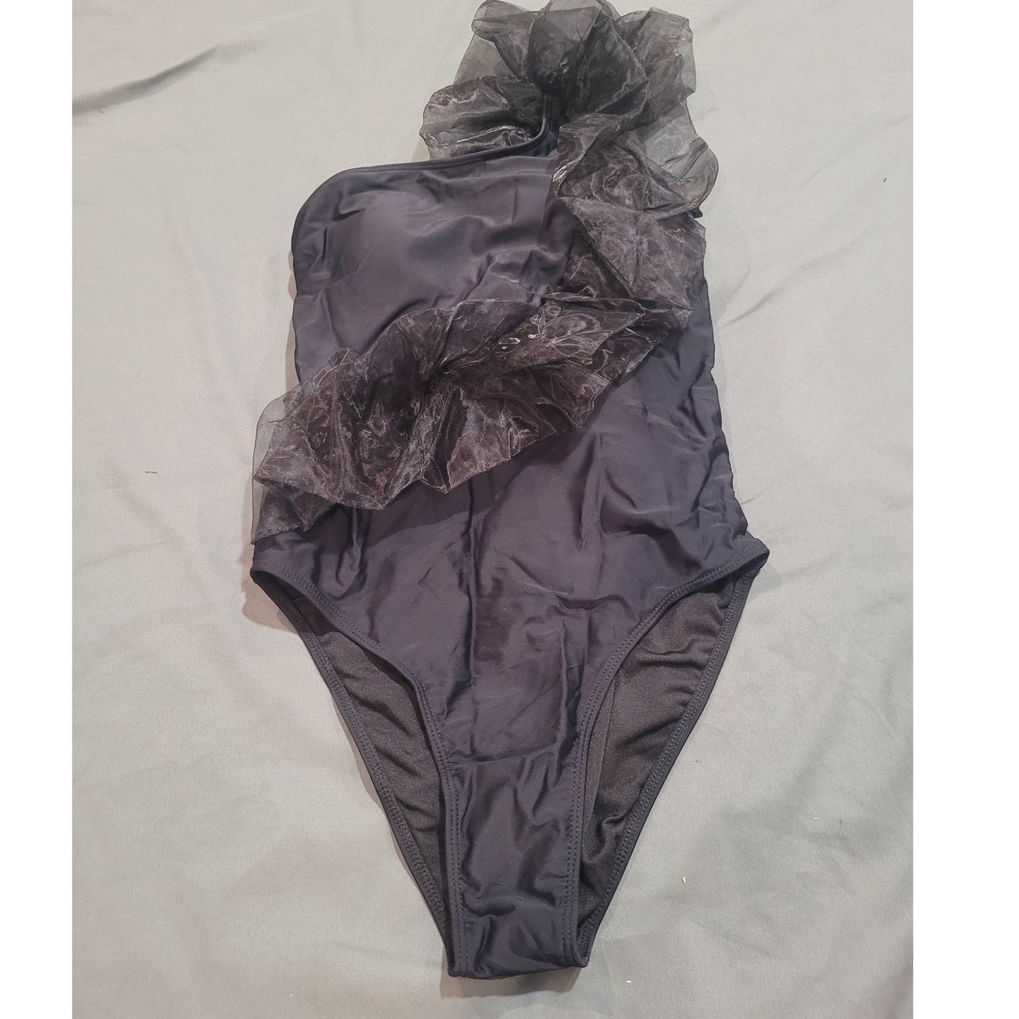 Black Ruffle 1 PC Tummy Control Swimsuit, Black, w/ Sheer Zebra Cover-Up, Small