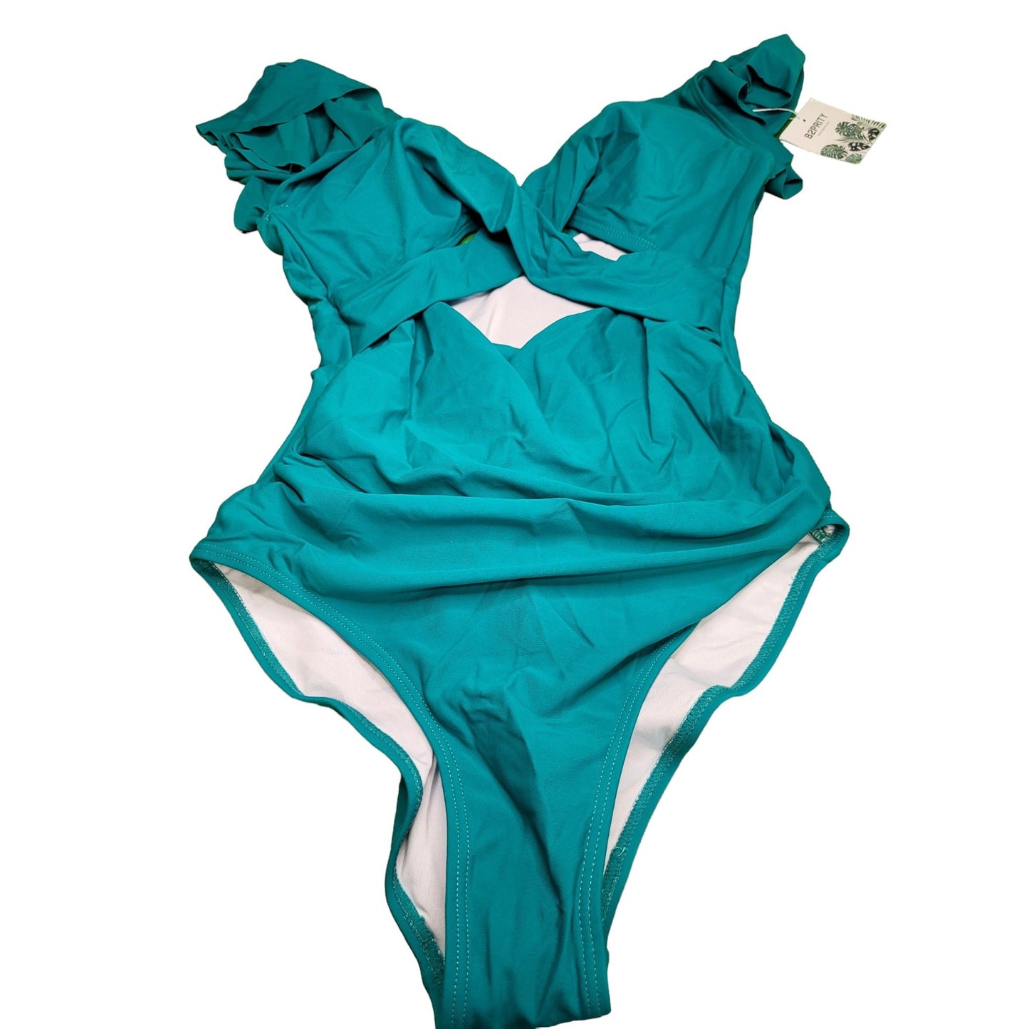 B2prity One Piece, Ruffle Cutout, Tummy Control V-Neck Wrap, Teal, SM (4-6)