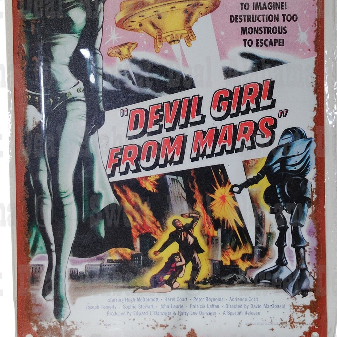 Retro Tin Sign – Devil Girl from Mars, 1950s Movie Poster Wall Decor 12" x 8"