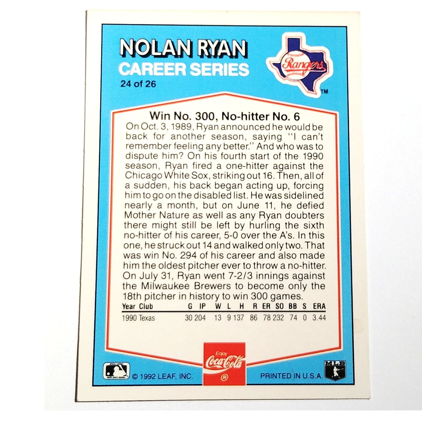 1992 Leaf Donruss Coca‑Cola Nolan Ryan #24 Texas Rangers MLB Baseball Card NM