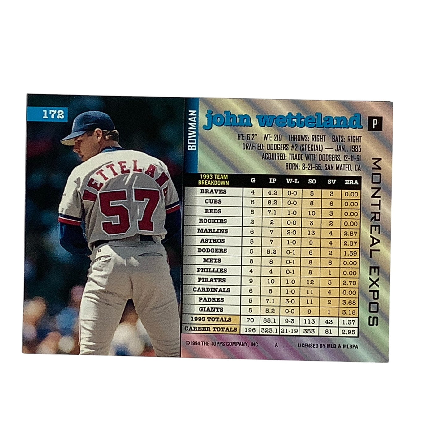 John Wettland, Montreal Expos, MLB, 1994 Bowman Topps, Card 172, EX/NM