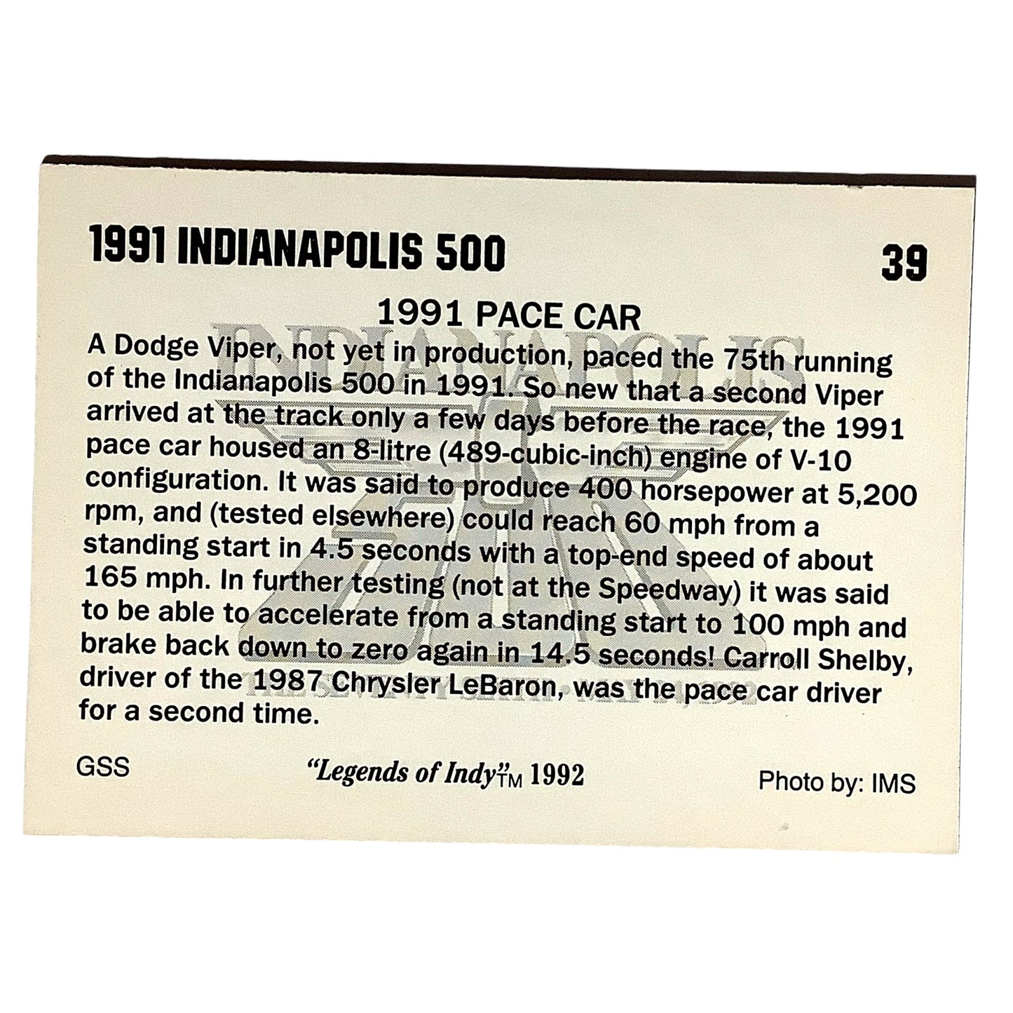 Dodge Viper Pace Car 1991 Indy 500, 1991 Action, 1992 Legends of Indy, Card #39
