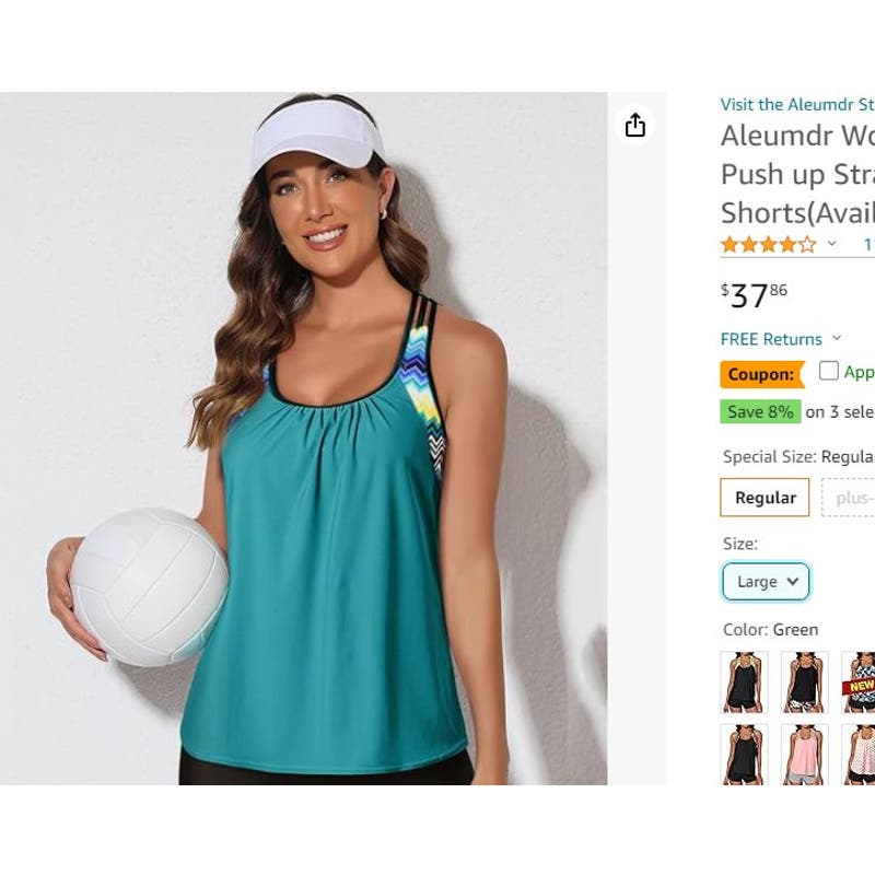Strappy Blouson Printed T-Back Push Up Tankini Tops Padded Sporty Green L 12-14