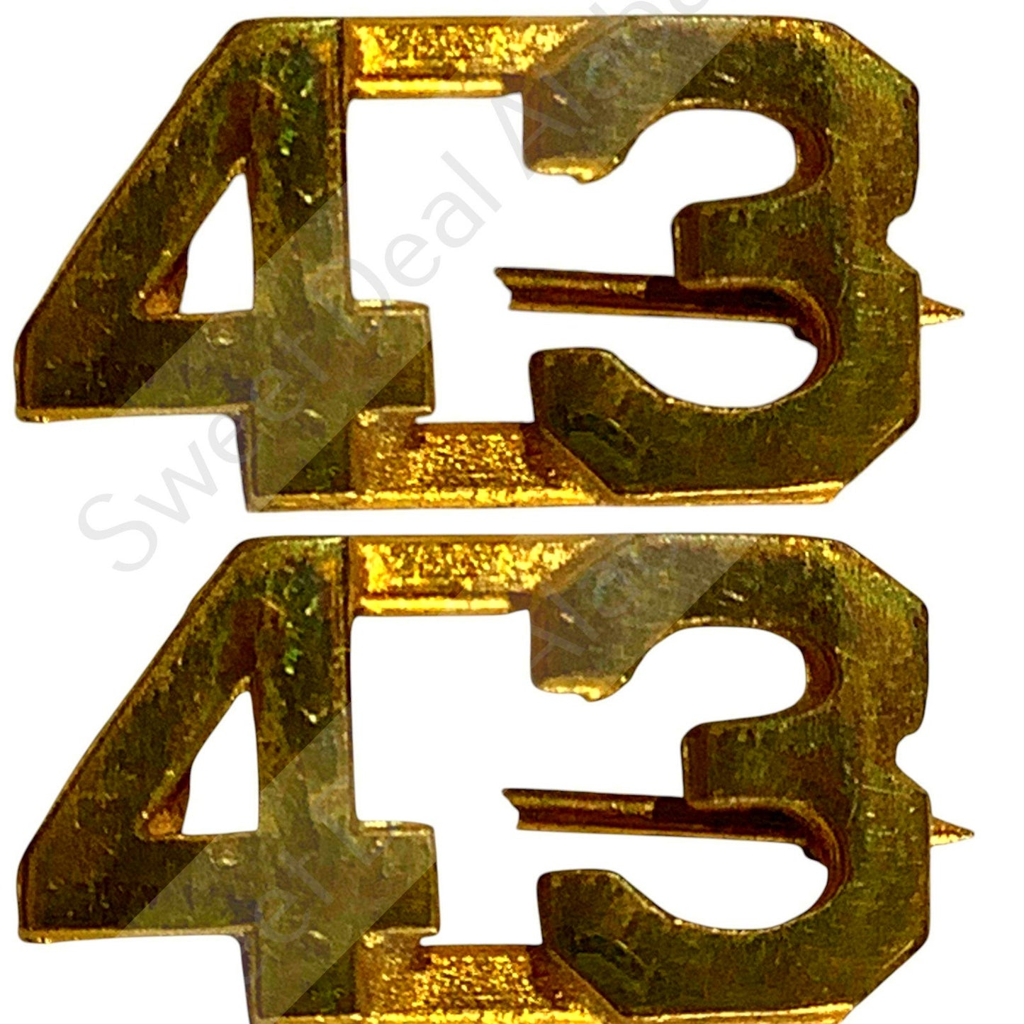 c.1920s Numeric "43", Brass Military C-Clasp Hat / Collar Pins Set 3/8"H