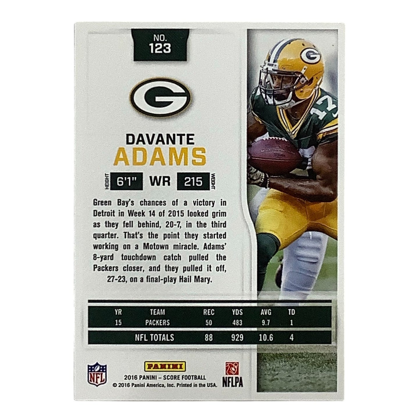 Davante Adams, Green Bay Packers, NFL Panini Score 2016 Card 123, EX/NM