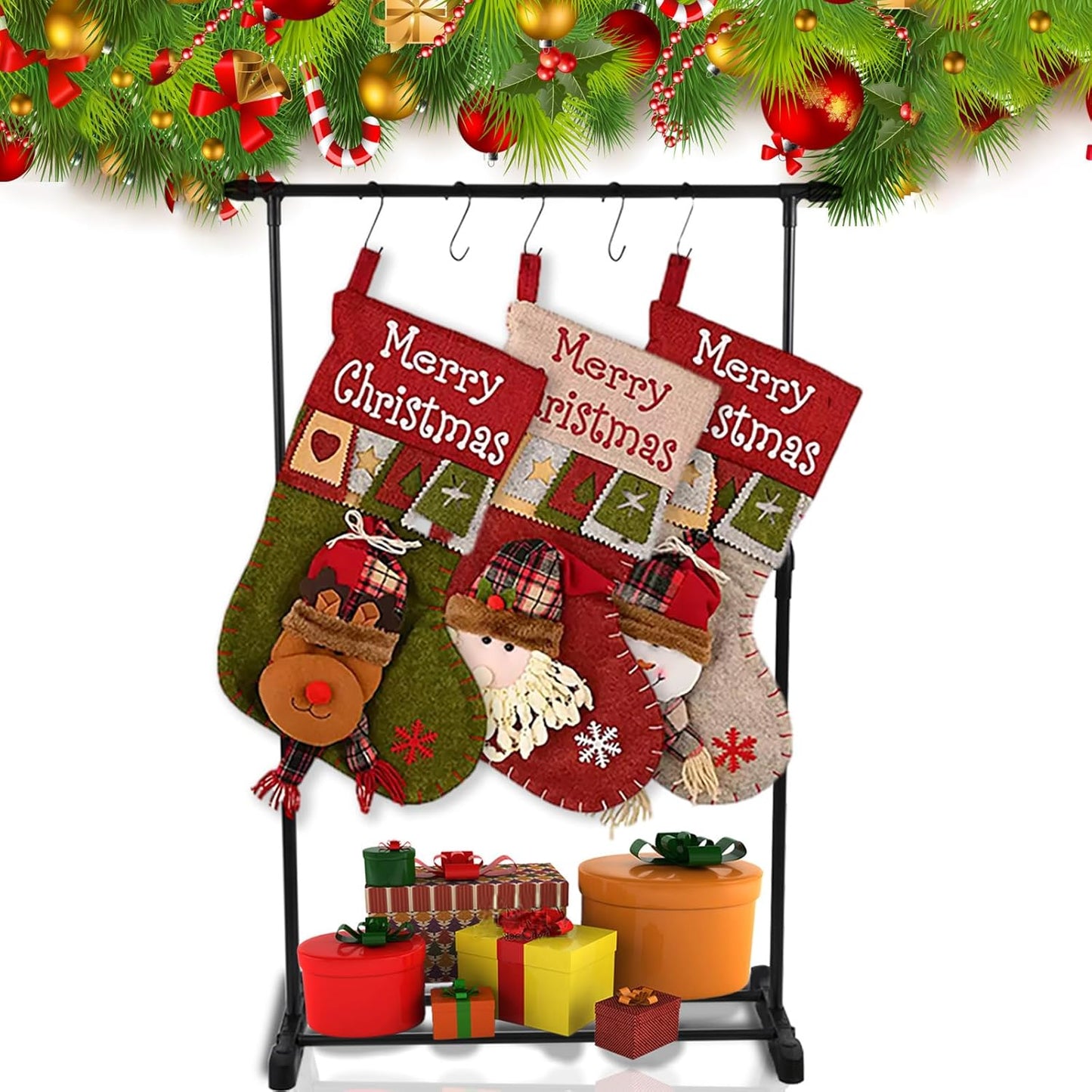 Retractable Freestanding Christmas Stocking Holder Stand – 35" to 59" Adjustable Display – 8 Hooks