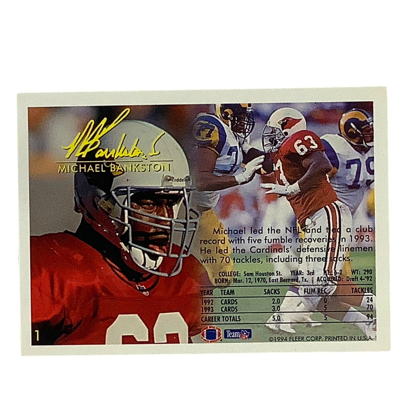 Michael Bankston, Arizona Cardinals, NFL Fleer 1994 Card 1, EX/NM