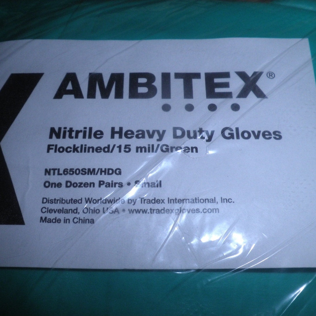 Ambitex TR-NTL650SM/HDG Flocklined Work Gloves, Nitrile, Small, Green, 12/Pack