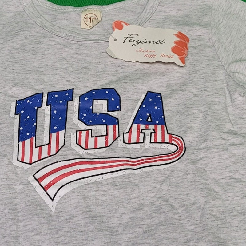 T Shirt, Stars and Stripes, Short Sleeve Red White Blue U.S.A., Gray, Size 4T-5T