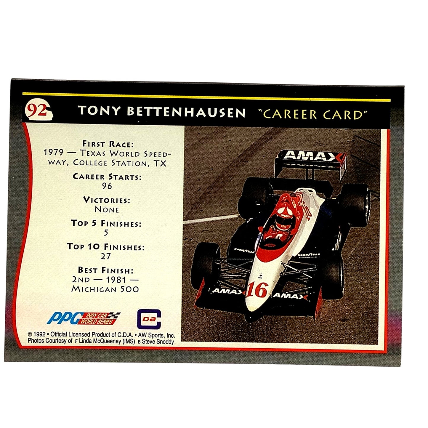 Indy Career - Tony Bettenhausen #16, 1992 Indy Car World Series, Card #92, NM
