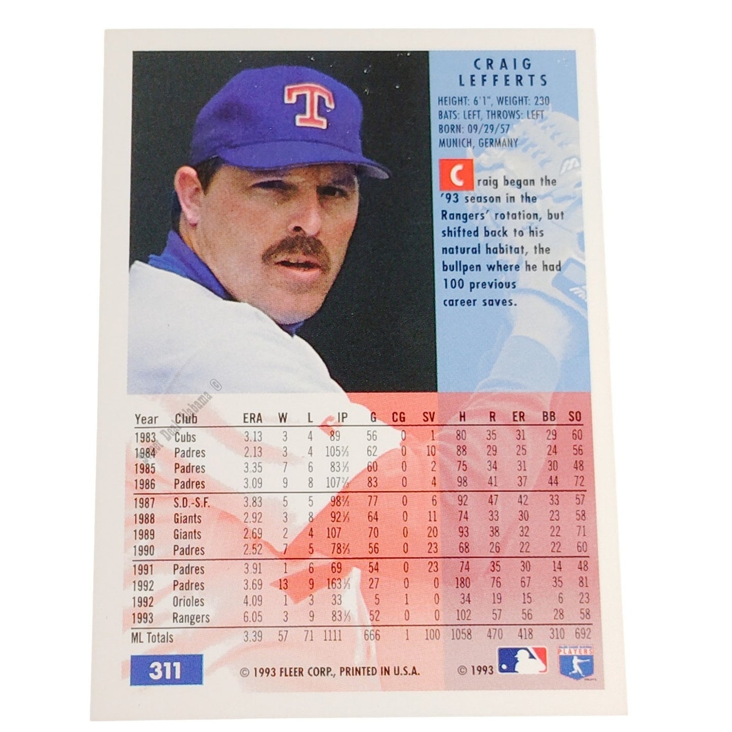 Craig Lefferts, Texas Rangers, #311, 1994 Fleer Baseball Collector's Card