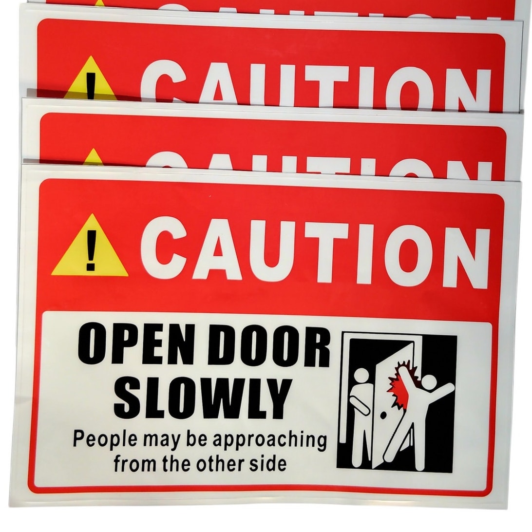 4-Pack Caution Signs – 9" x 6" Vinyl with Adhesive Backing – “Open Door Slowly” Safety Message