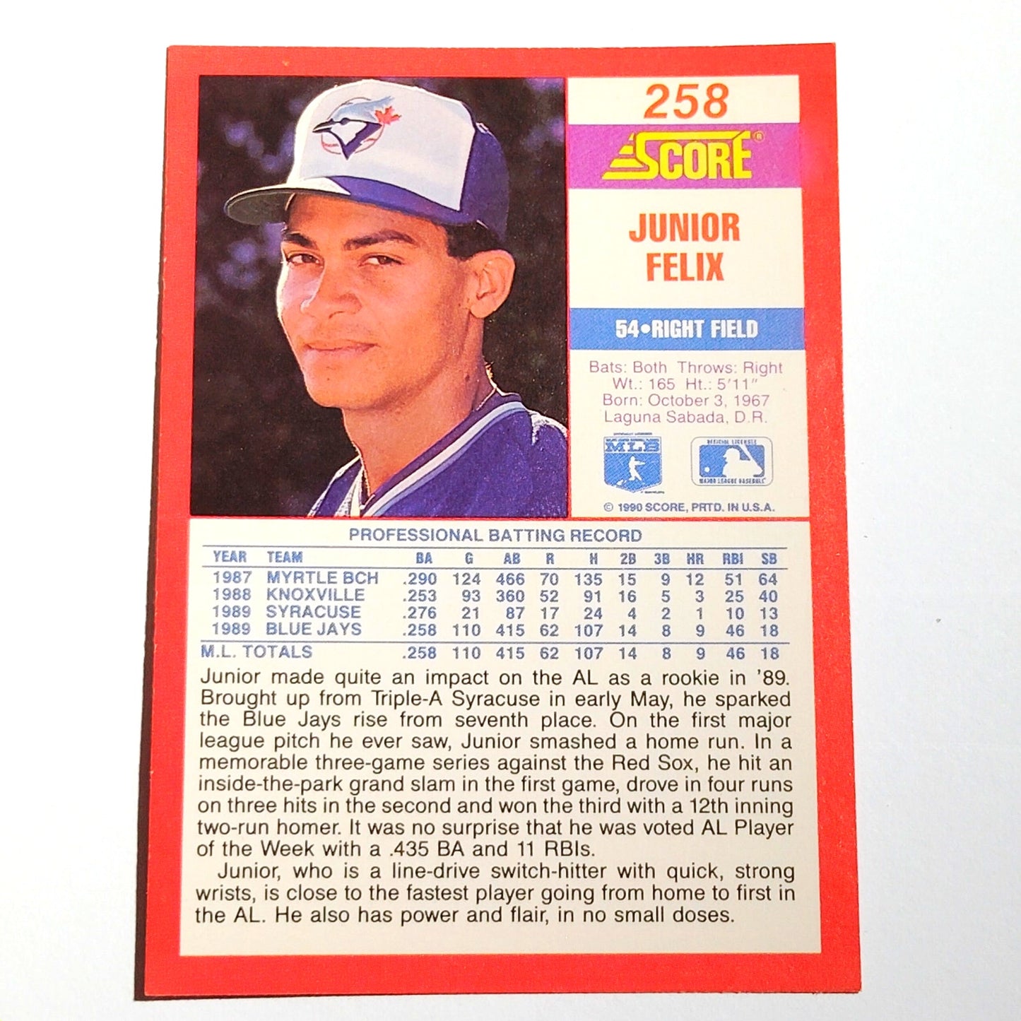 1990 Score Junior Felix #258 Toronto Blue Jays Outfielder MLB Baseball EX