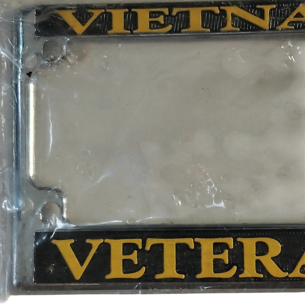 Vietnam Veteran Motorcycle License Plate Frame – Chromed Metal, Yellow Text on Black, Made in USA