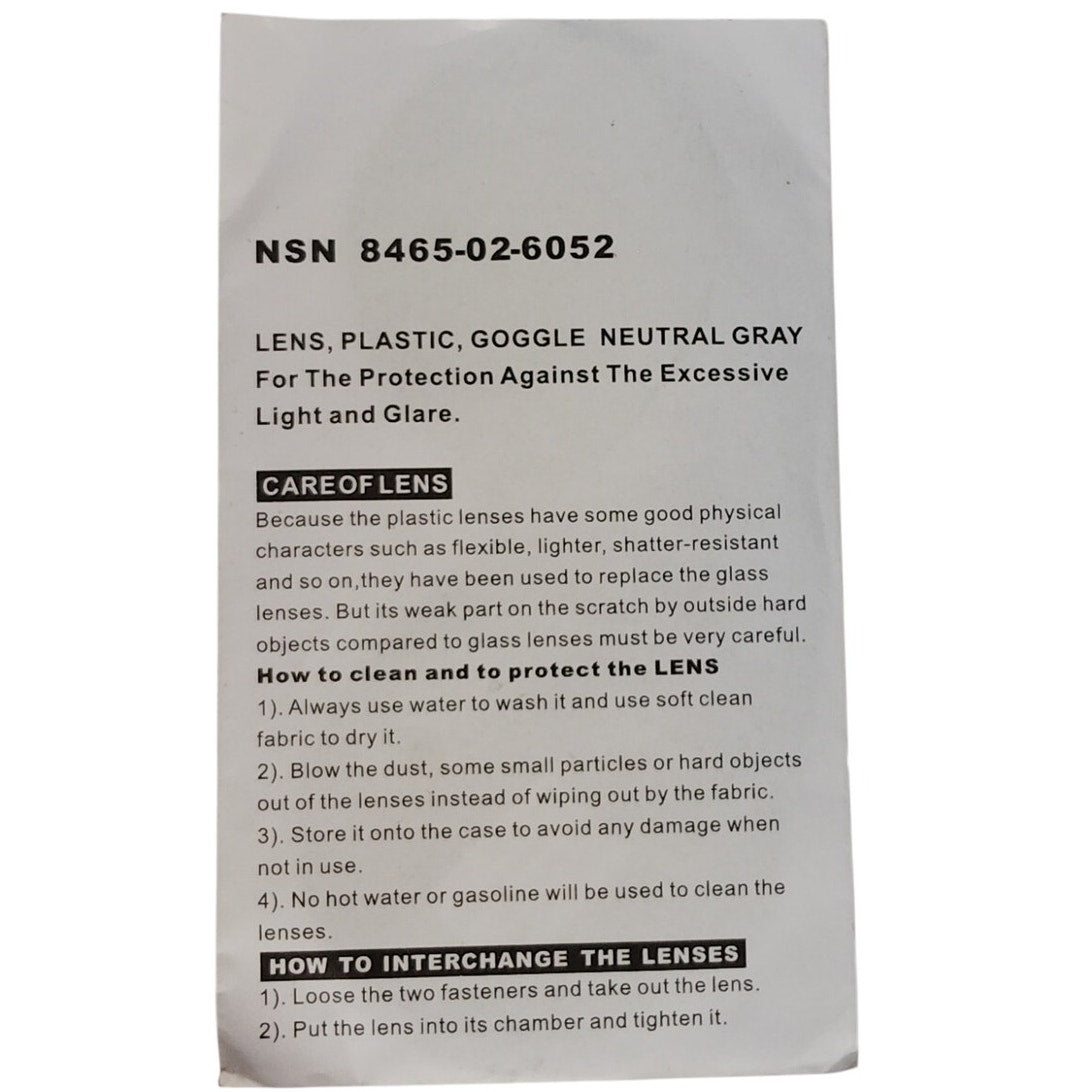 M44 Goggle Replacement Lens – Neutral Gray Plastic, NSN 8465-02-6052, U.S. Military Issue