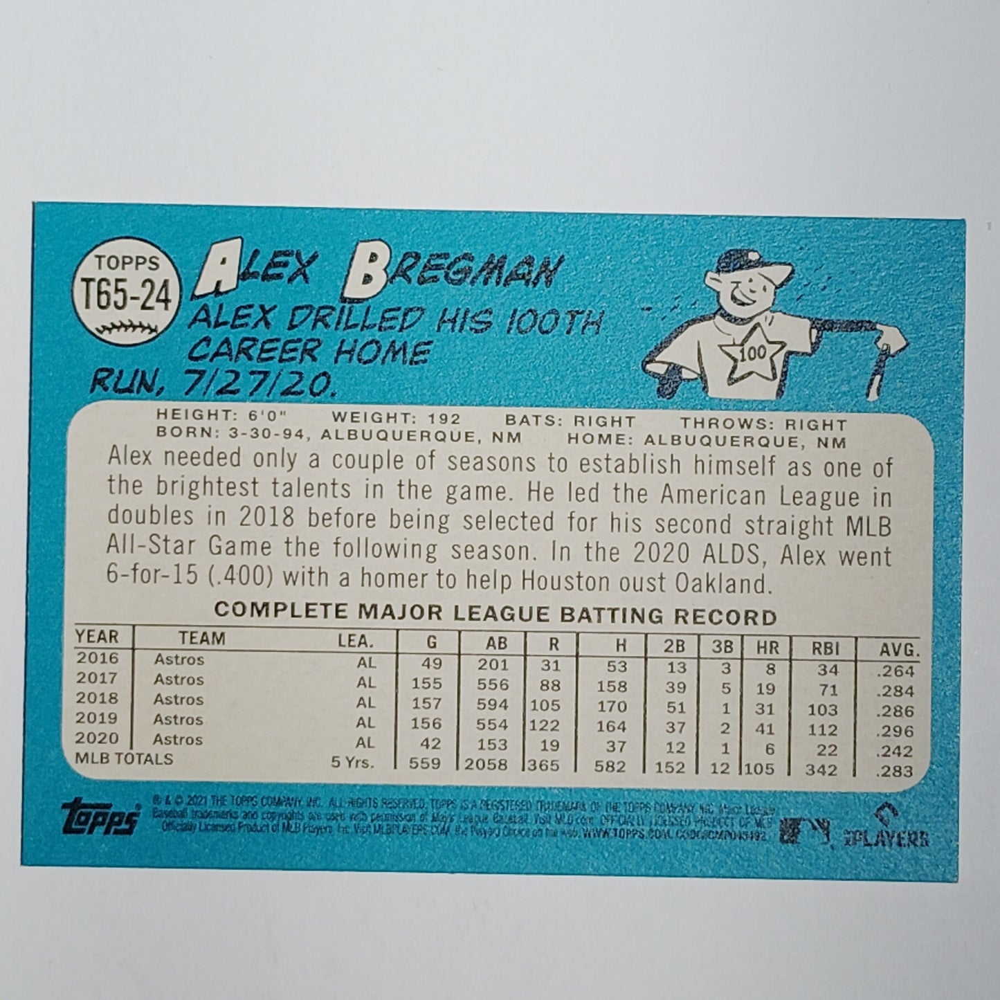 2021 Topps Series 2 #T65-24 Alex Bregman Houston Astros 3rd Base VG/EX