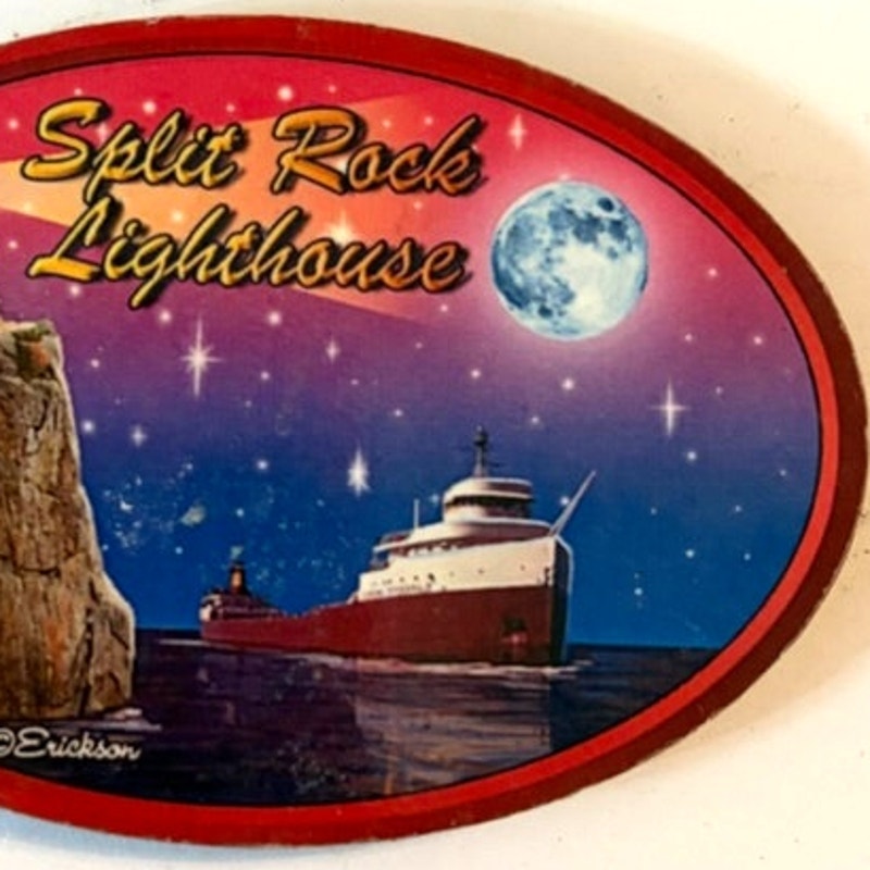 Split Rock Lighthouse Oval Pressed Wood Magnet Freighter Moonlit Scene 3.125x2.125