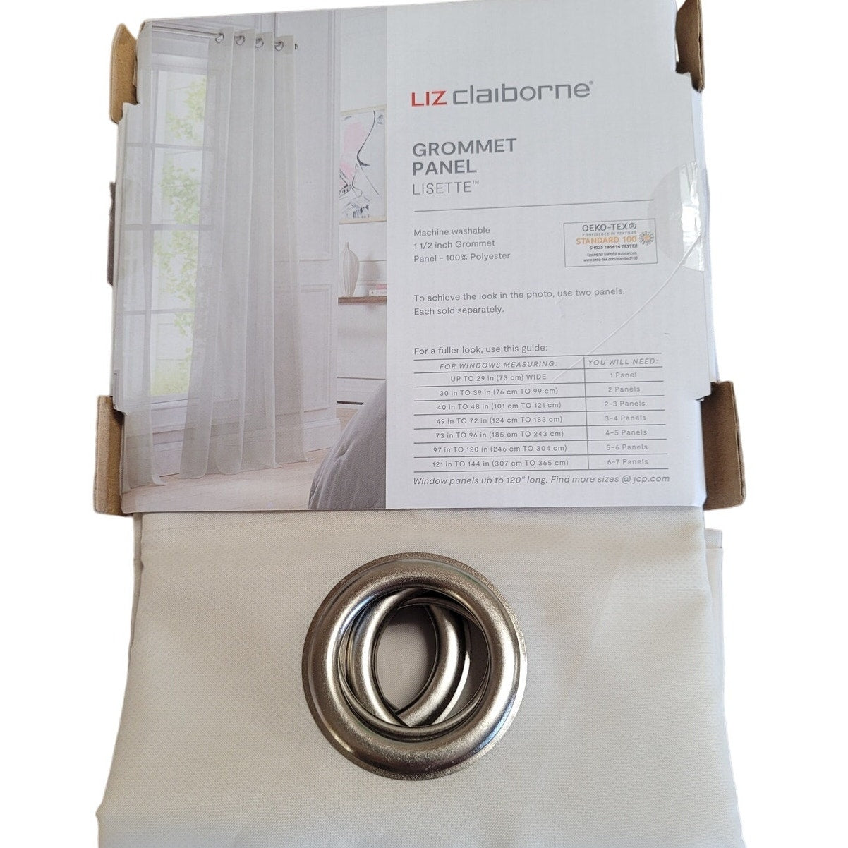 Liz Claiborne Lisette Sheer Grommet Top Single Curtain Panel, Ivory, 50W x 63L