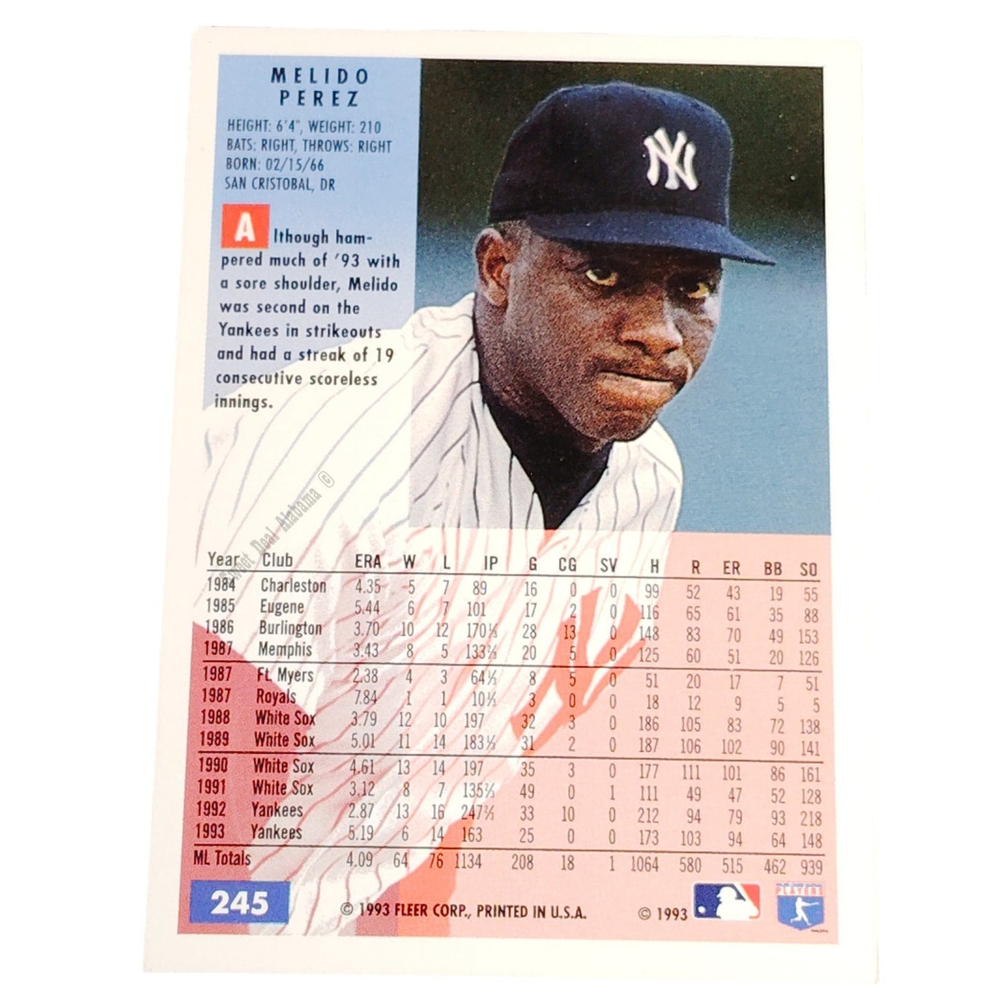 Melido Perez, New York Yankees, #245, 1994 Fleer Baseball Collector's Card