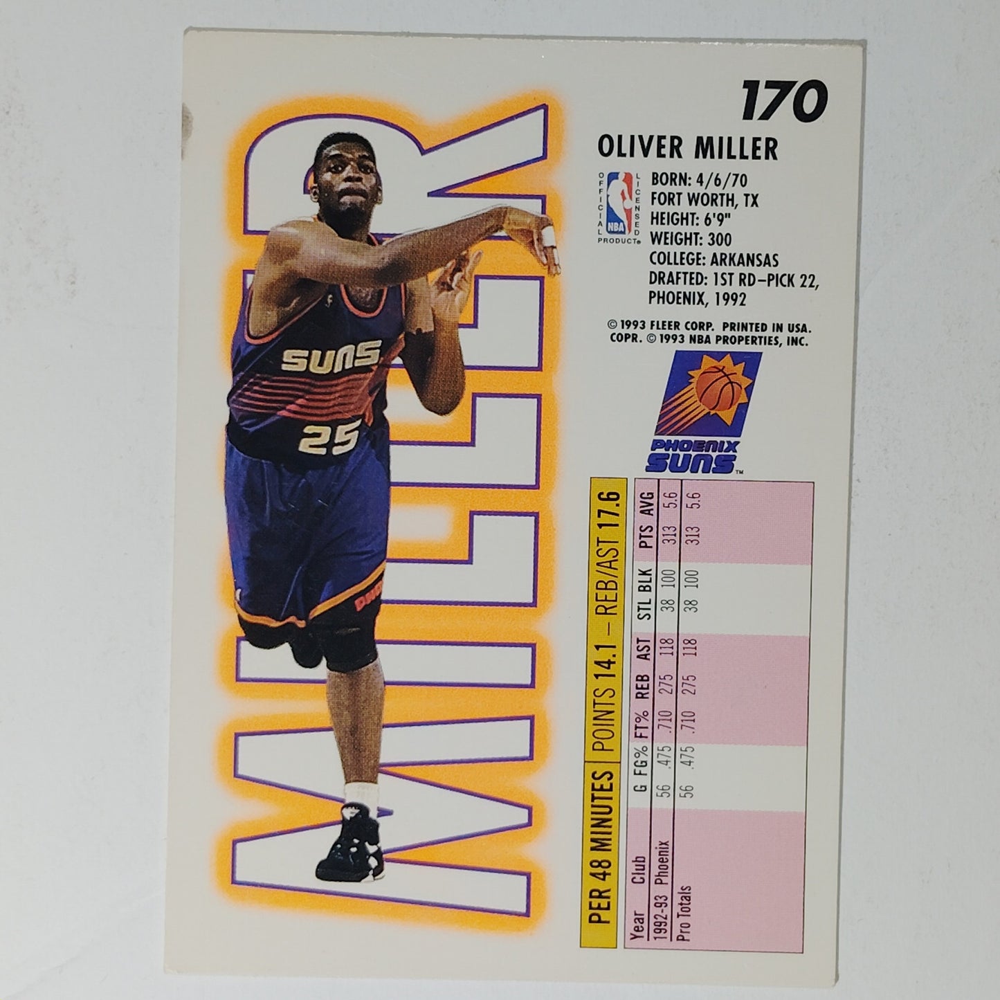 1993–94 Fleer Oliver Miller #170 – Phoenix Suns – Center – NBA Card