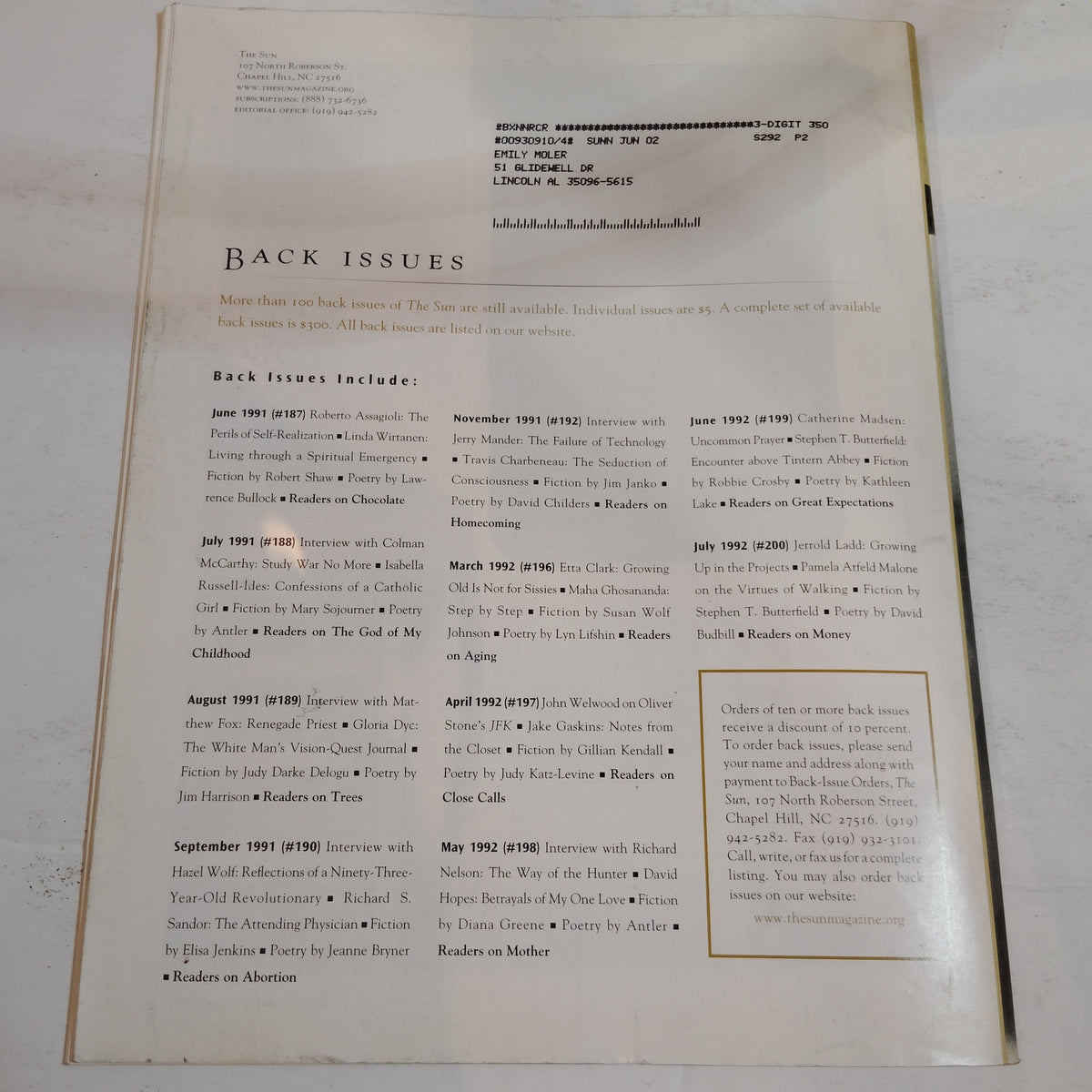 The Sun Magazine February 2002 Issue 314 – Vintage Literary Periodical