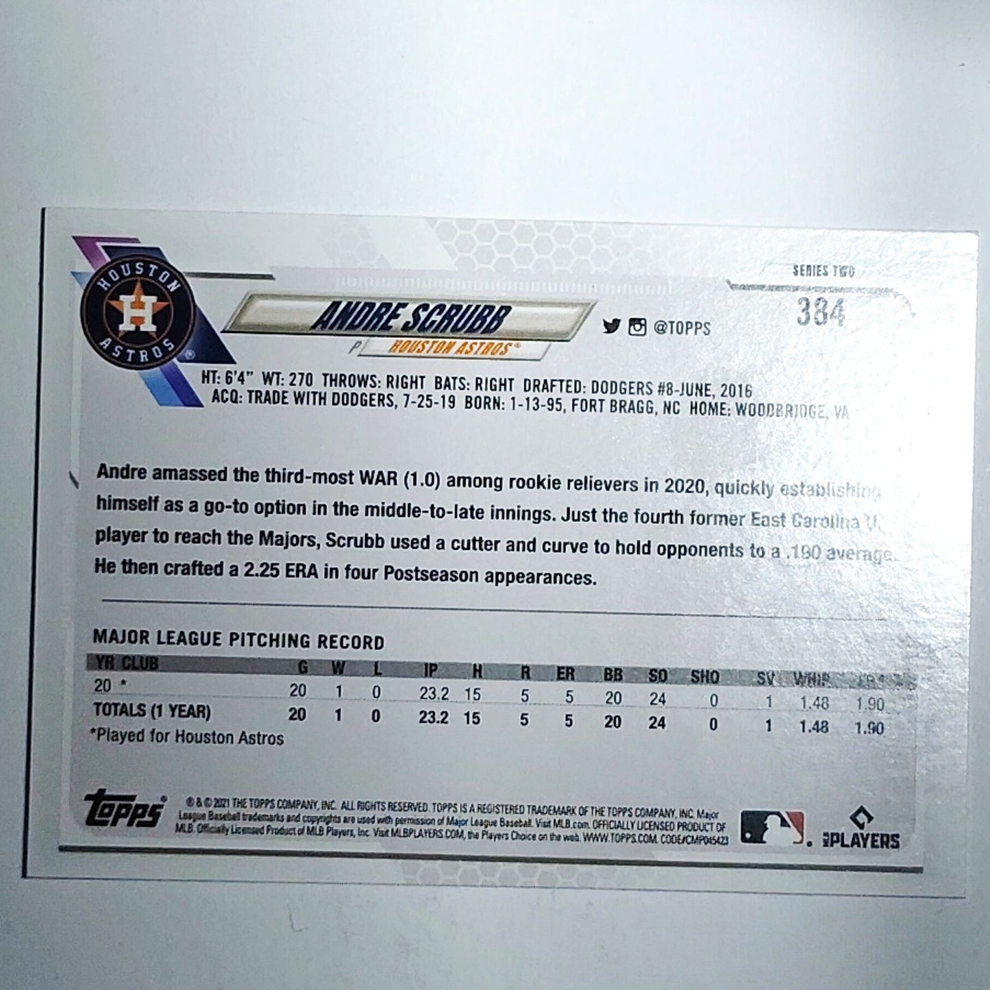 2021 Topps Series 2 Rookie Andre Scrubb 384 RC Houston Astros Pitcher VG/EX