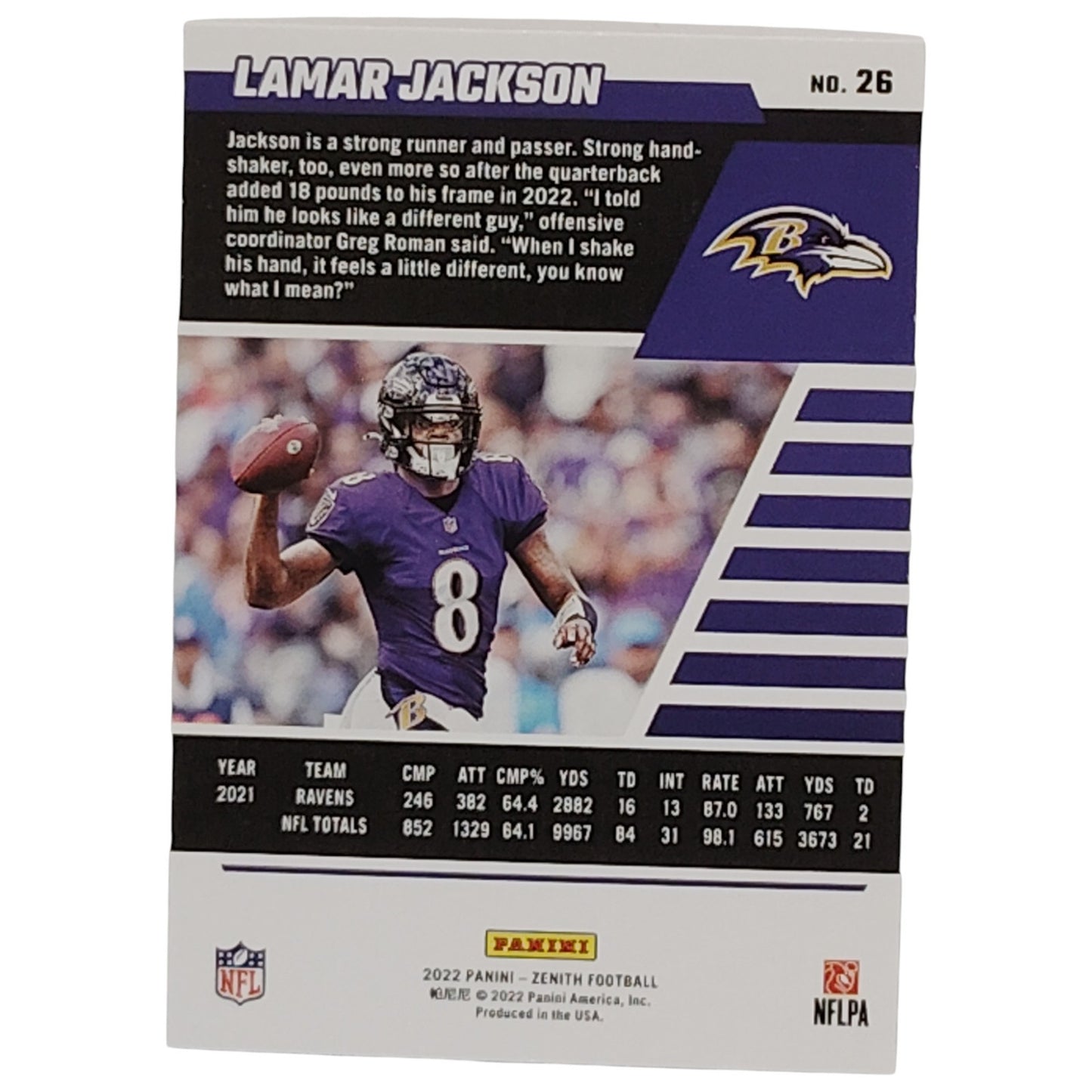 Lamar Jackson, Baltimore Ravens, NFL 2022 Panini-Zenith Card 26, EX/NM