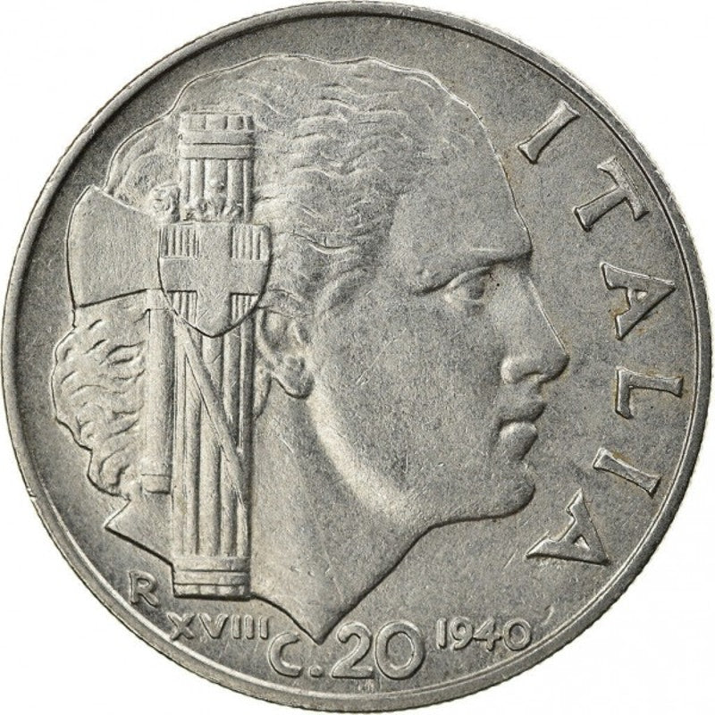 Italy 20 Centesimi 1941, King Vittorio Emanuele III, Reverse: Head of a Woman