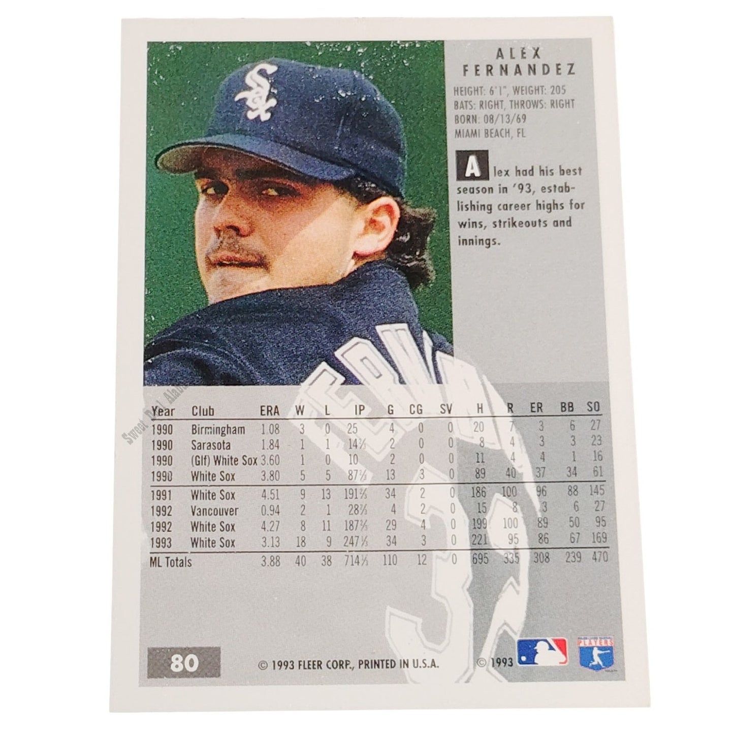 Alex Fernandez, Chicago White Sox, #80, 1994 Fleer Baseball Collector's Card