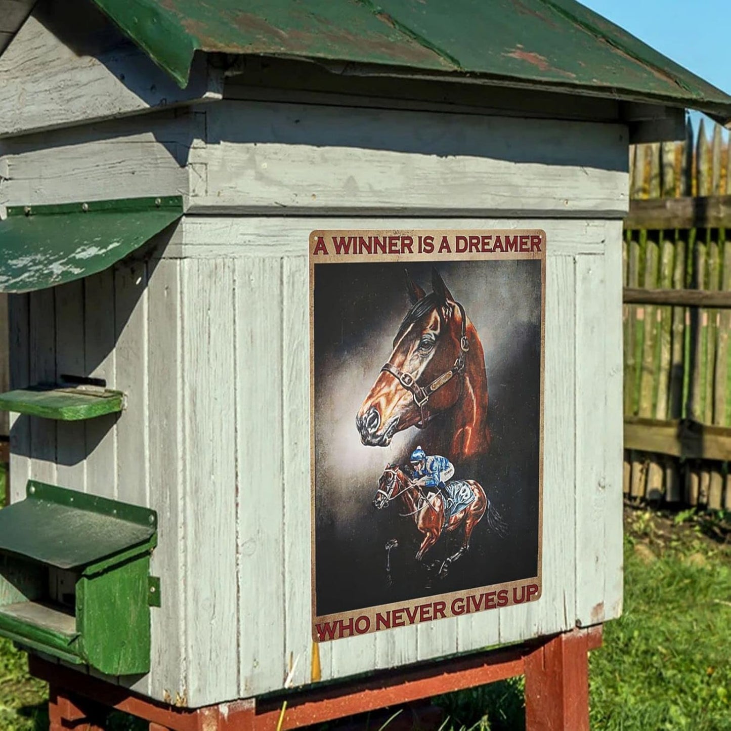 Horse Riding Tin Sign “A Winner Is a Dreamer Who Never Gives Up”, Vintage Metal Wall Plaque 12"x16"