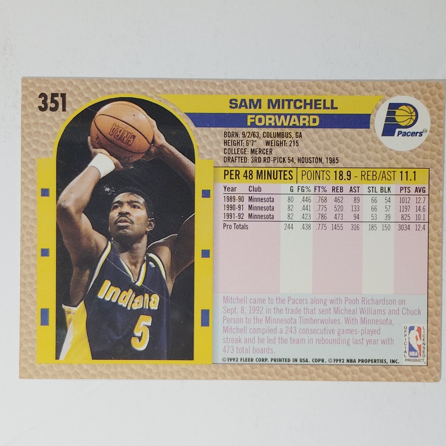 1992–93 Fleer Sam Mitchell #351 – Indiana Pacers – Forward – NBA Card