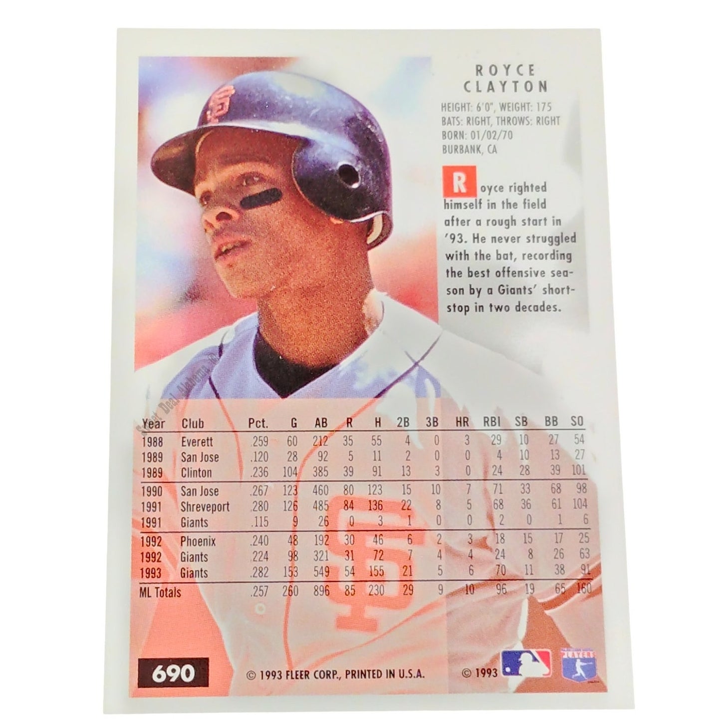 Royce Clayton, San Francisco Giants, #690, 1994 Fleer Baseball Collector's Card
