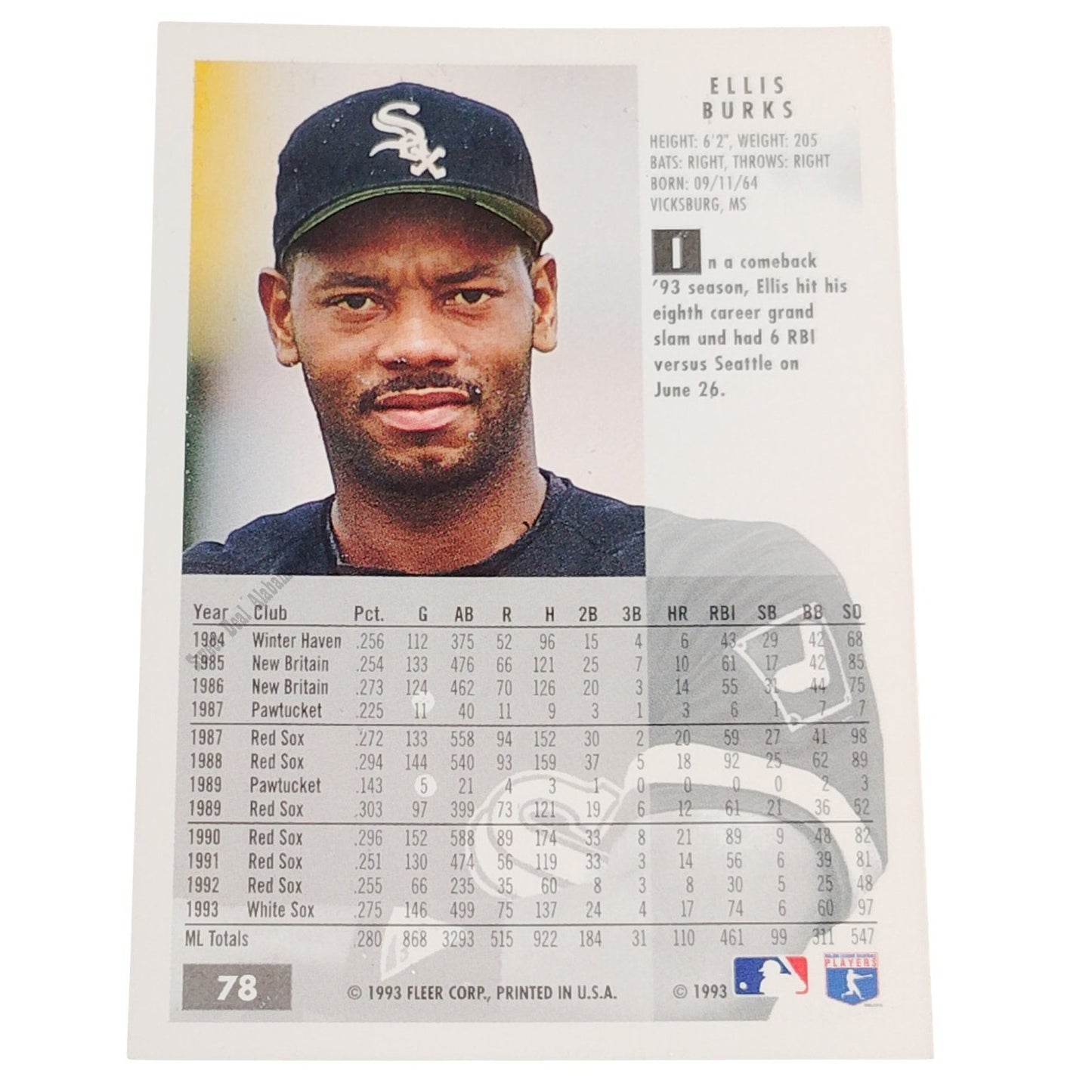 Ellis Burks, Chicago White Sox #78, 1994 Fleer Baseball Collector's Card