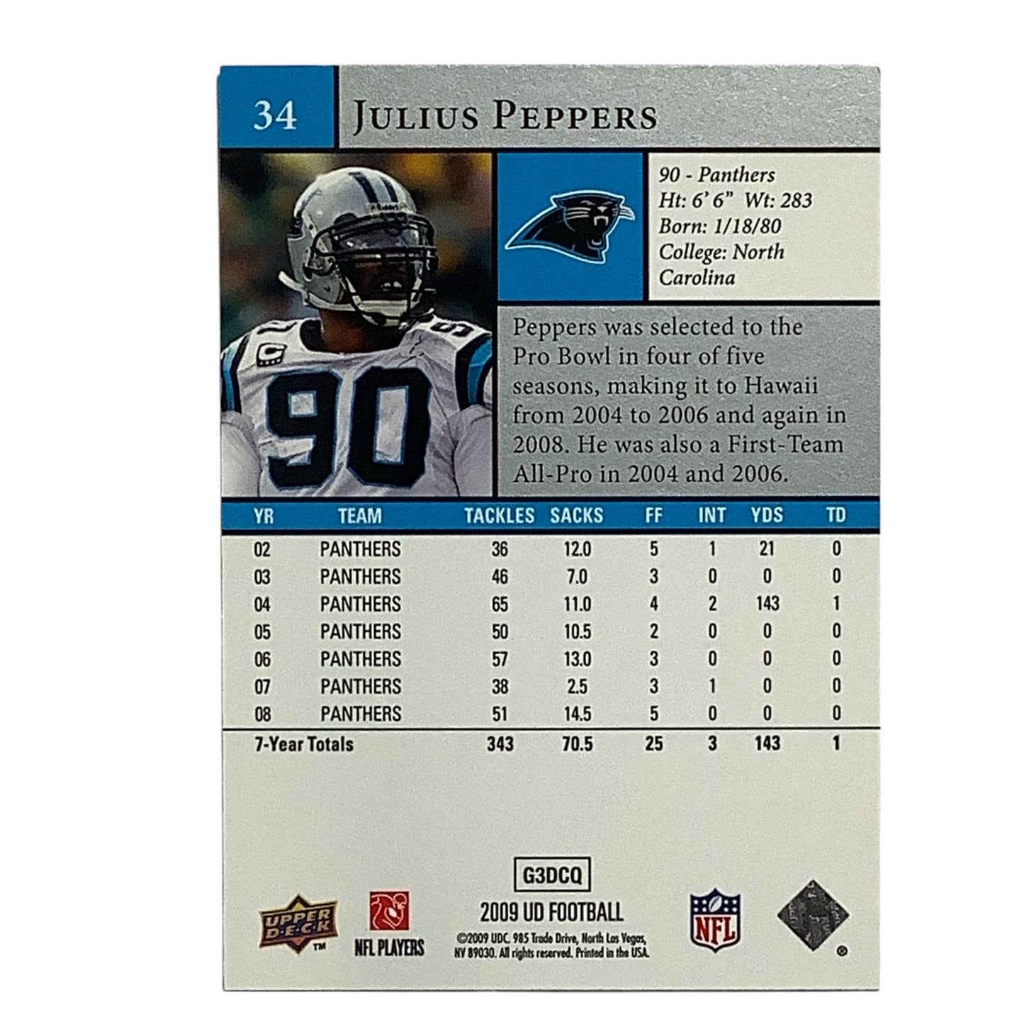 Julius Peppers, Carolina Panthers, NFL Upper Deck 2009 Card 34, EX/NM